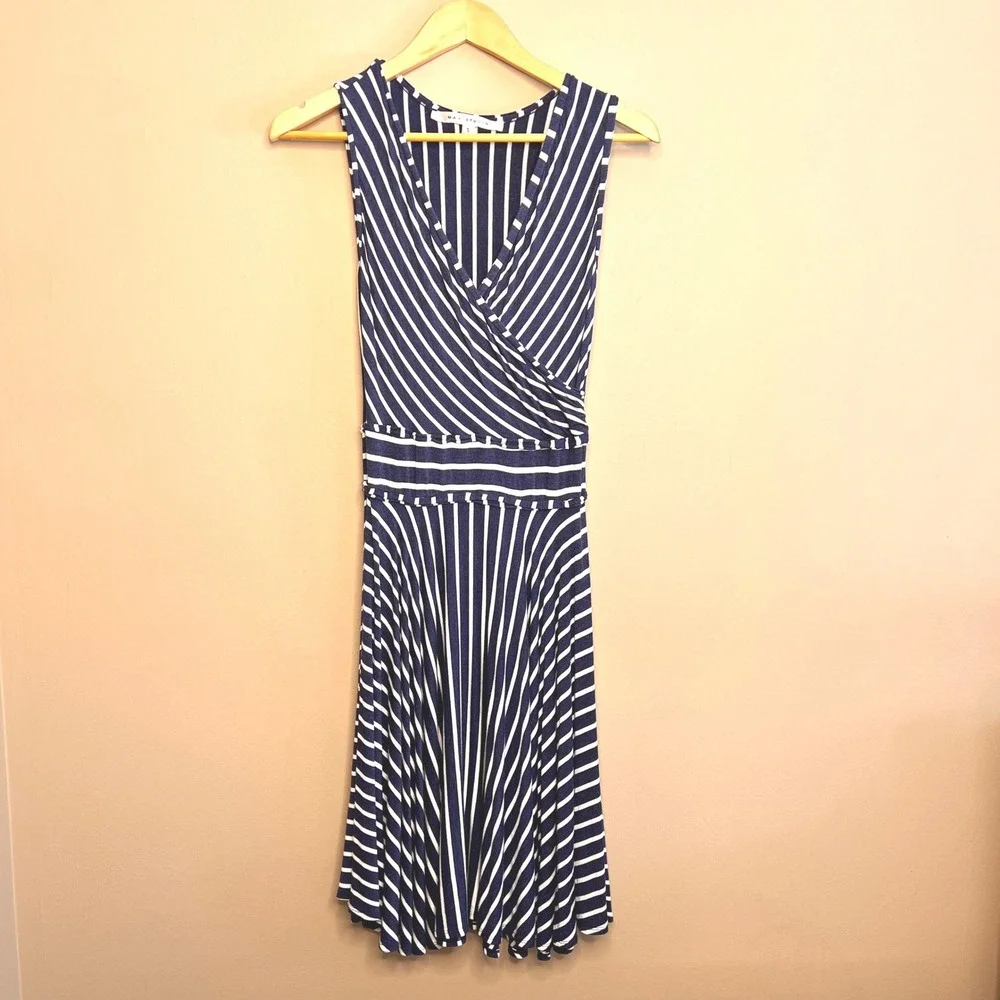 MAX STUDIO Navy White Stripe V‎ Neck Sleeveless Midi Wrap Dress Size S